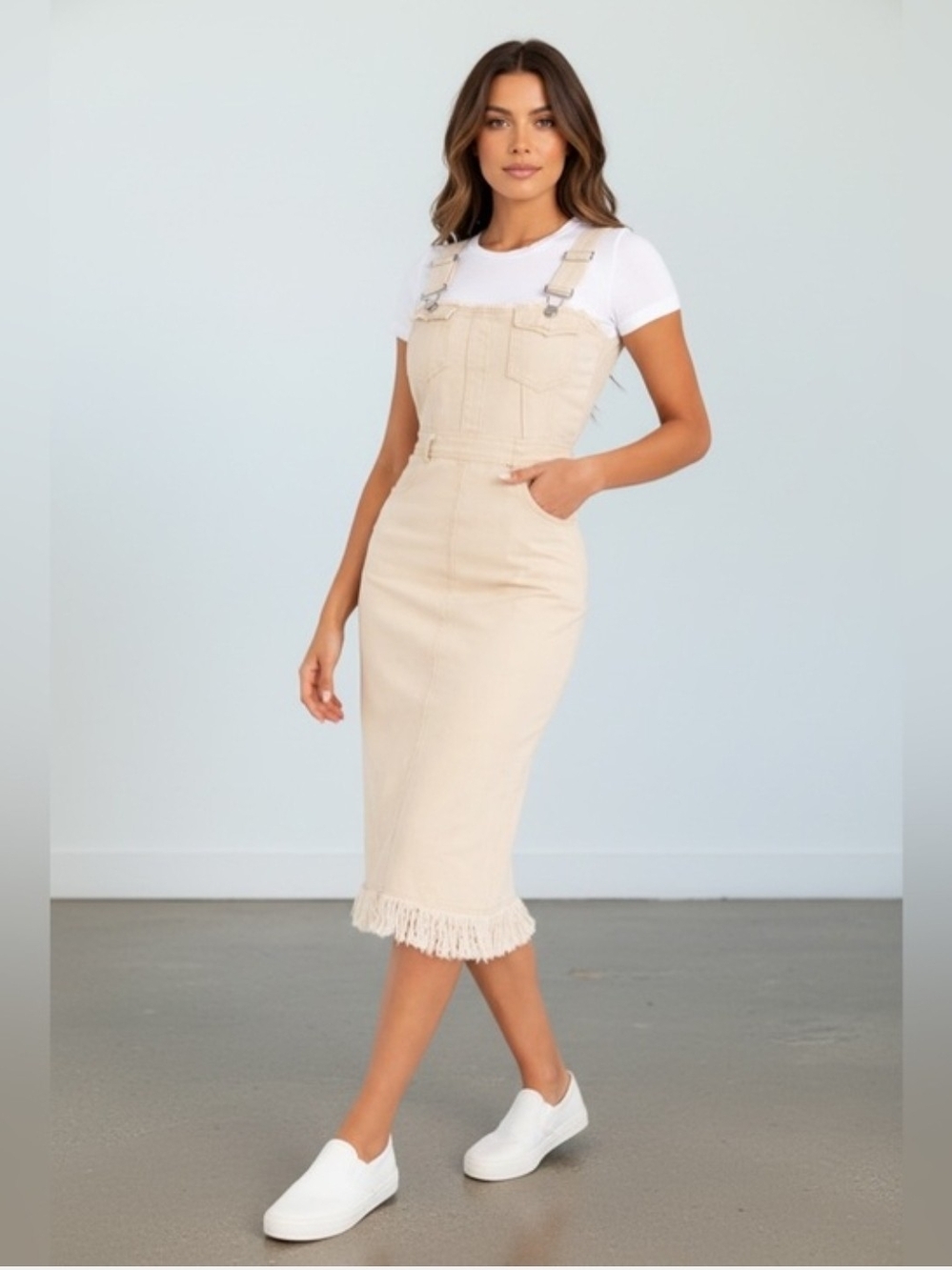Beige Denim Overall Midi Skirt with Fringe - Women Jeans